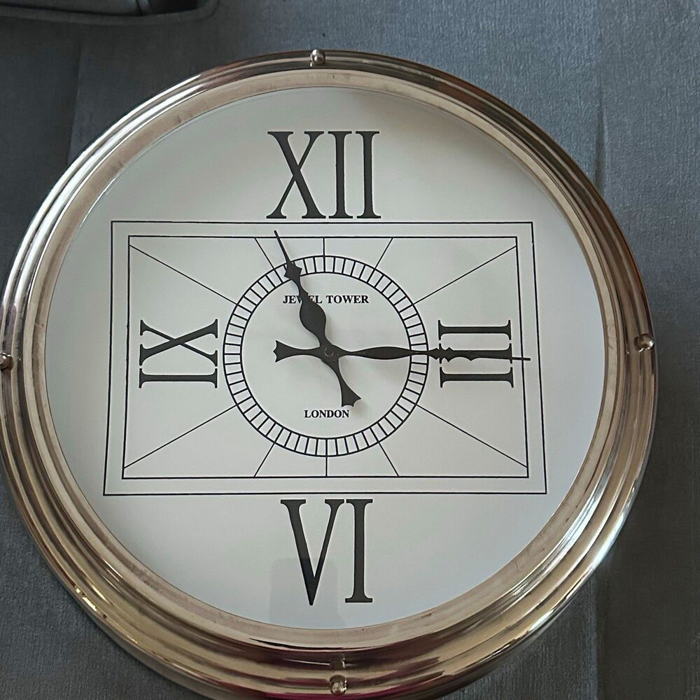 Jewel Tower London Large 15” Wall Clock Roman Numerals Silver Tone Quartz